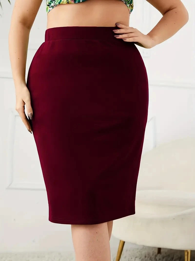 2025 Summer Plus Size Solid Slim Skirt, Casual High Waist Slit Skirt, Women's Plus SizeClothing