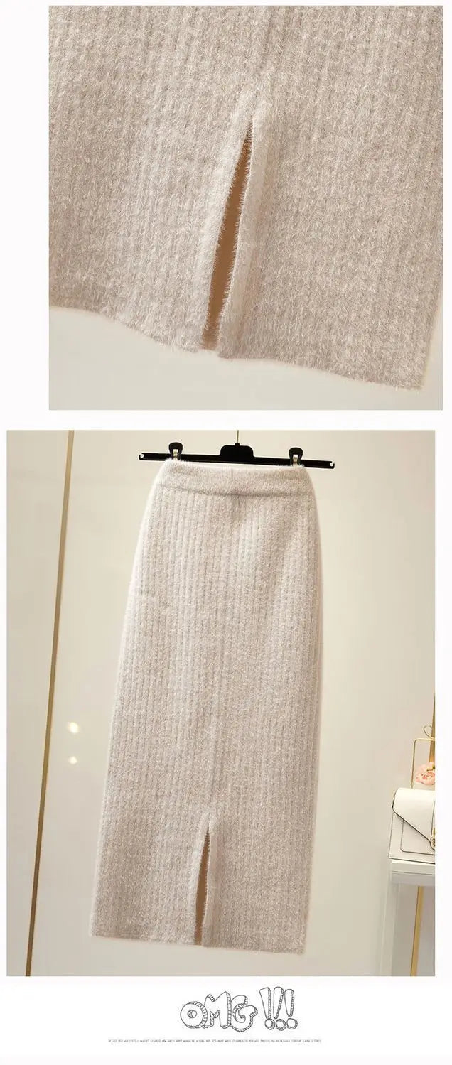 Mink velvet skirt female autumn and winter mid-length knitted one-step skirt split straight winter skirt casual solid long skirt