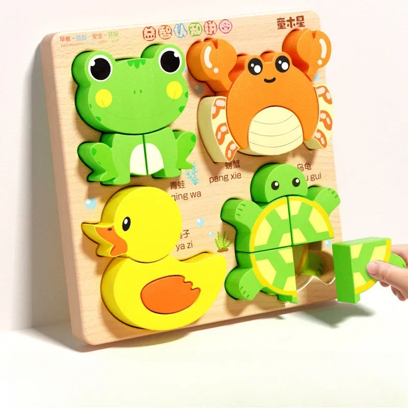 Animal Traffic Puzzles Toys for Kids Montessori Cartoon 3D Wooden Jigsaw Early Learning Educational Cognitive Game Children Gift