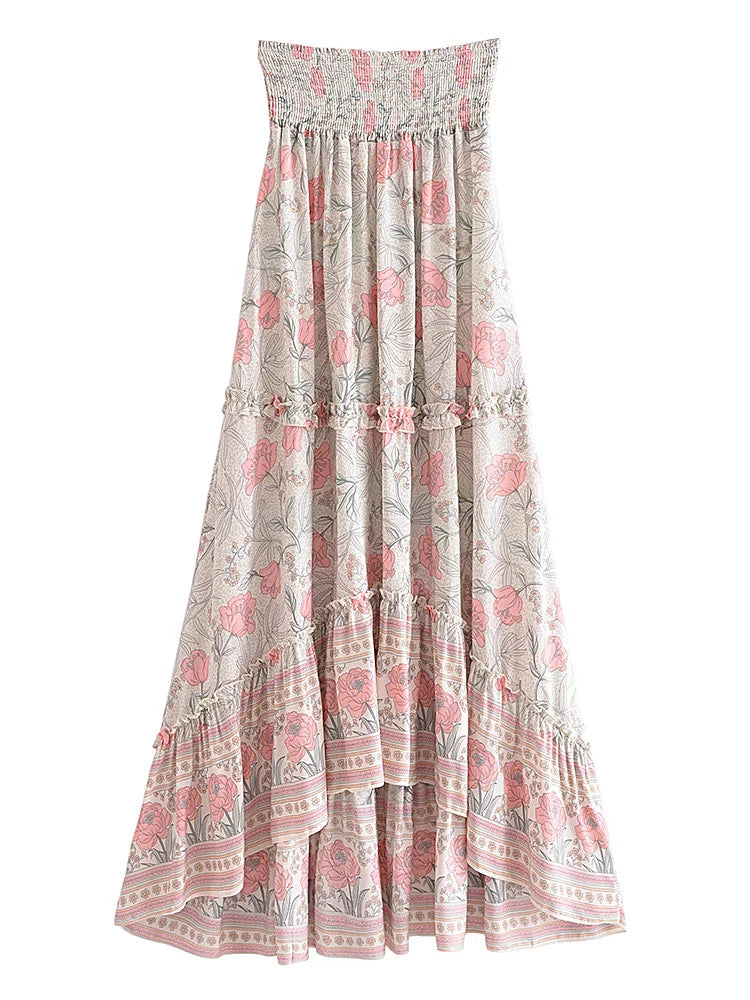 Vintage Chic Summer Fashion Women Floral Print Beach Bohemian Long Skirts High Elastic Waist Maxi A-Line Boho Skirt Femme