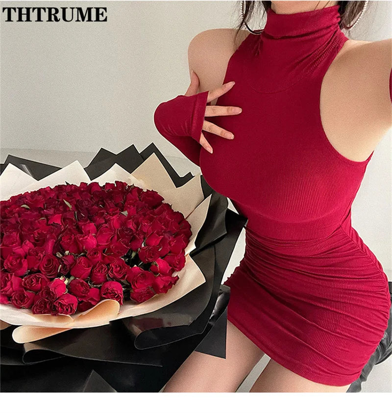 2025 Summer New Mini Dresses Fashion Women's Slim Fitting High Neck Red Solid Basic Bodycon Casual Evening Party Club Vestidos
