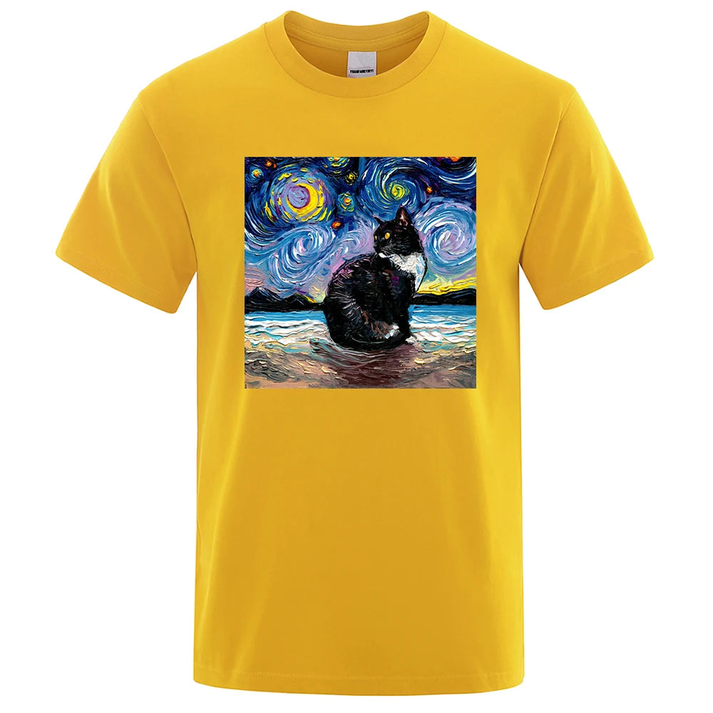 Cat Starry Sky Universe Funny Tshirt Men Casual Breathable Summer Tshirts Oversized Loose T Shirt Brand Cotton Clothing Man