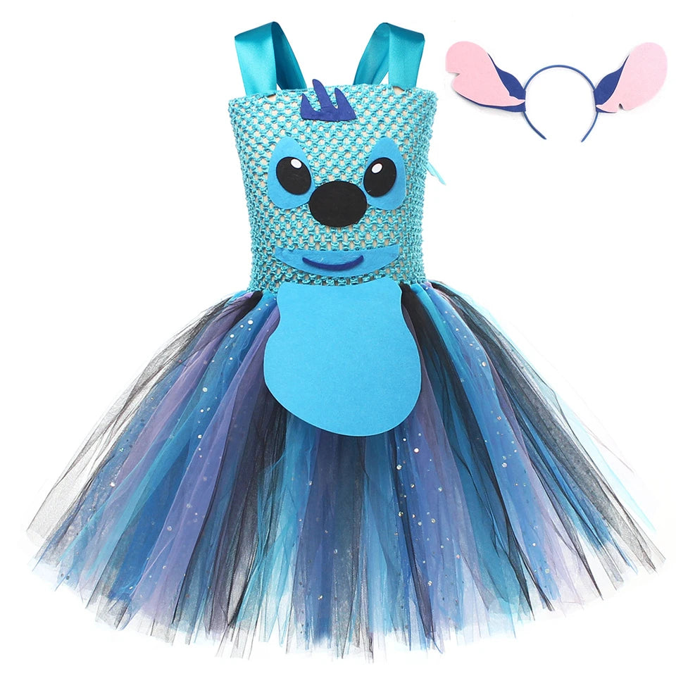 Movie Girls Alien Dog Costume Cartoon Blue Tulle Festival Dress Lilo Tutu Dress Maia Kealaha Live-action Character Dress Up