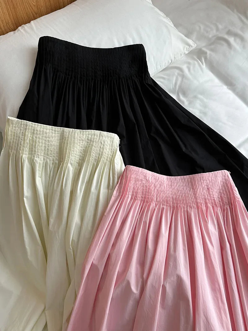 Elegant High-Waisted Pink A- Line Skirt Sweet Umbrella Design Sensibility Plenty of Pleats Medium-Length Women's Fashion