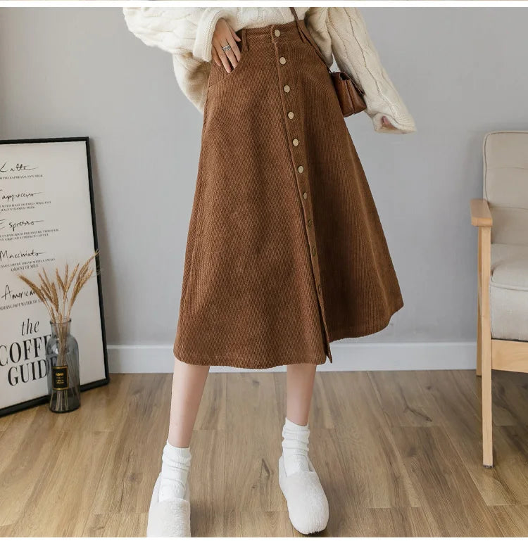 REALEFT Autumn Winter Corduroy Women A-Line Skirts 2023 New High Waist Solid Elegant Single Breasted Umbrella Midi Skirts Female