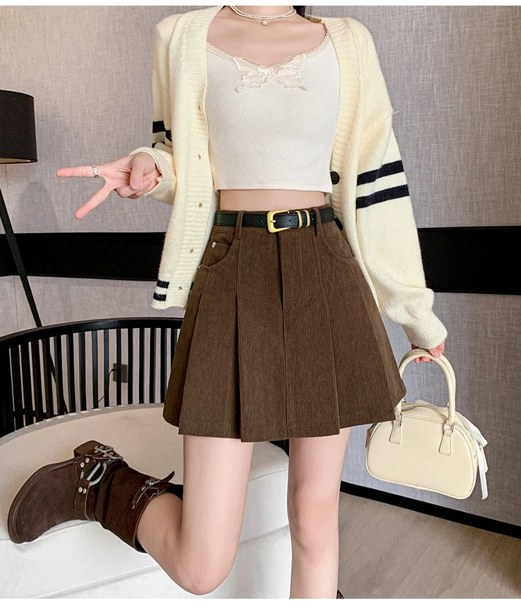 2024 Autumn and Winter Mini Pleated Skirt Women Fashion Streetwear A-line Skater Kawaii Skirts With Belt Korean School Girl Saia