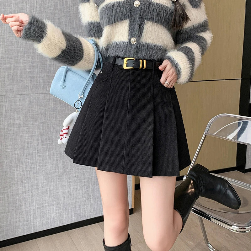 2024 Autumn and Winter Mini Pleated Skirt Women Fashion Streetwear A-line Skater Kawaii Skirts With Belt Korean School Girl Saia