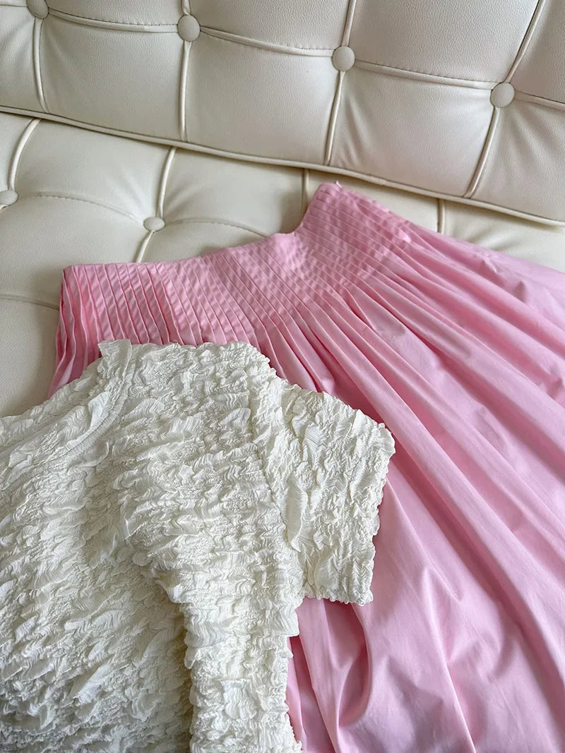 Elegant High-Waisted Pink A- Line Skirt Sweet Umbrella Design Sensibility Plenty of Pleats Medium-Length Women's Fashion