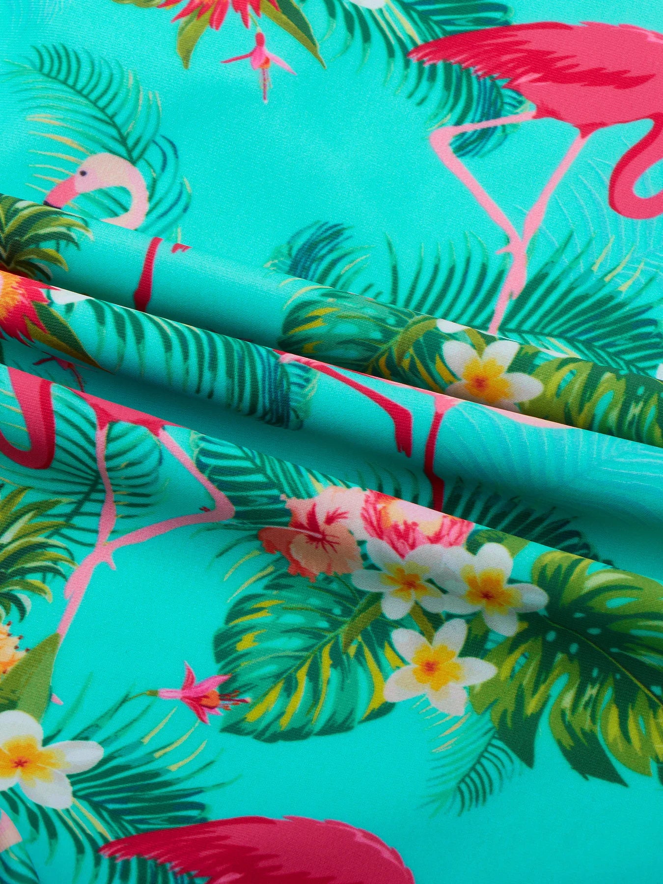 Cyan Color One-Piece Swimwear Kids Girl Long-Sleeved Flamingo Print Swimsuit Beach Water Play Summer Swimming Suit Boyleg Shorts