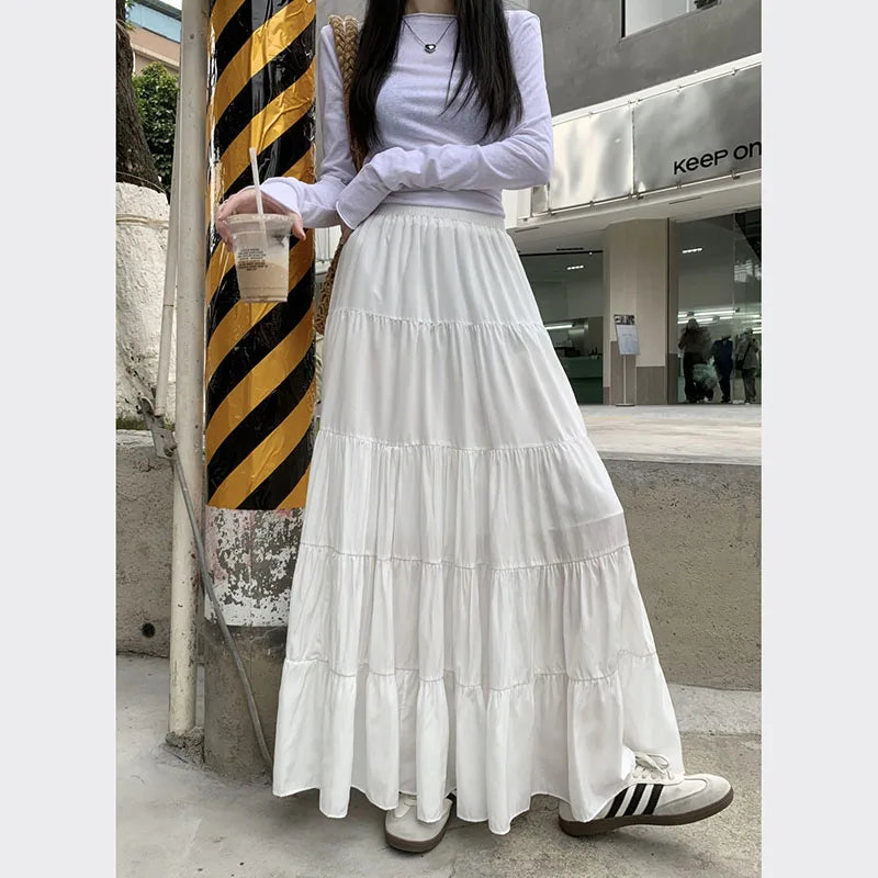 Summer High Waist White Mini Skirt Women Fashion Korean Patchwork A-Line Skirts Female Summer Solid Elegant All-Match Long Skirt