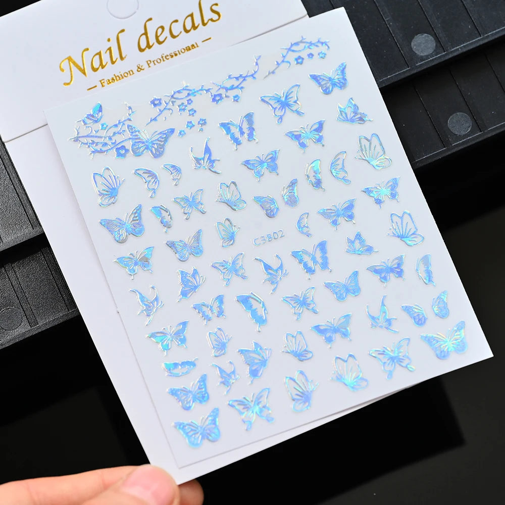 Glitter Flame Nail Art Set – Self-Adhesive Silver Stickers with Butterfly Foil for Manicure Magic