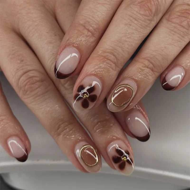 24PCS Almond Nails – Mixed Solid Colors with Subtle Florals & Golden Highlights