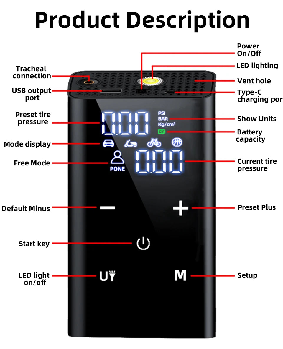 E-ACE Air Pump 150PSI Portable Car Tyre inflator 8000mAh Digital Electric Wireless Air Compressor For Bicycle Ball Motorcycle