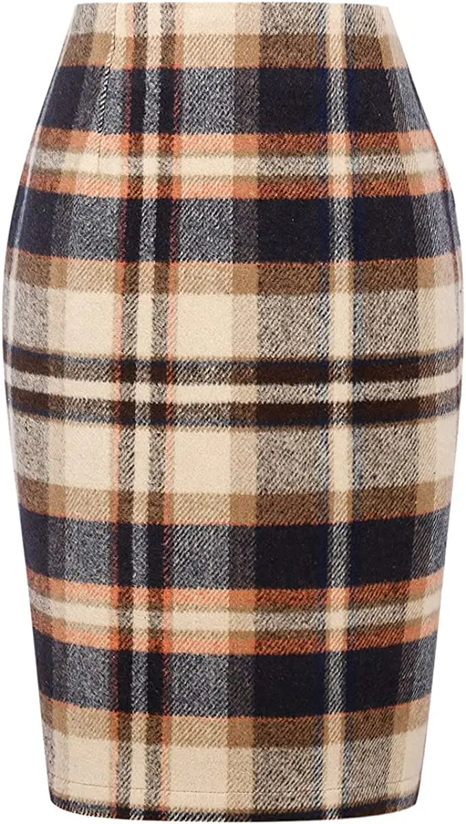 Women Midi Plaid Skirts Fall Winter Knee Length Pencil Wool Skirt with Slit