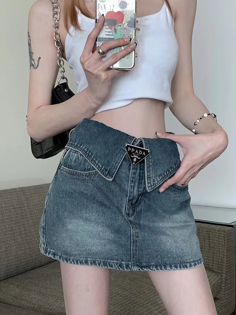 Fashion High Waist Denim Mini Skirt Women's 2023 Summer New Fashion Button Zipper Slim Fit Korean Street Casual A-line Skirt
