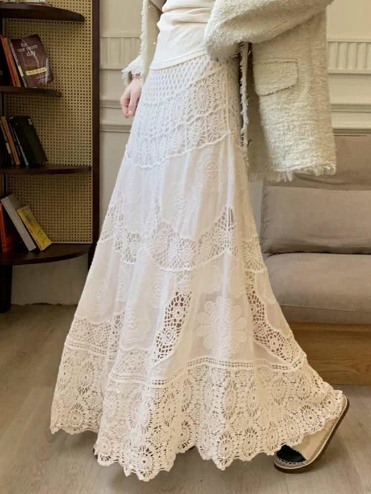 SMTHMA New Korean Retro French Hook Flower Hollow Design Elastic Knitted Skirt Women's Elastic High Waist A-line Long Skirt