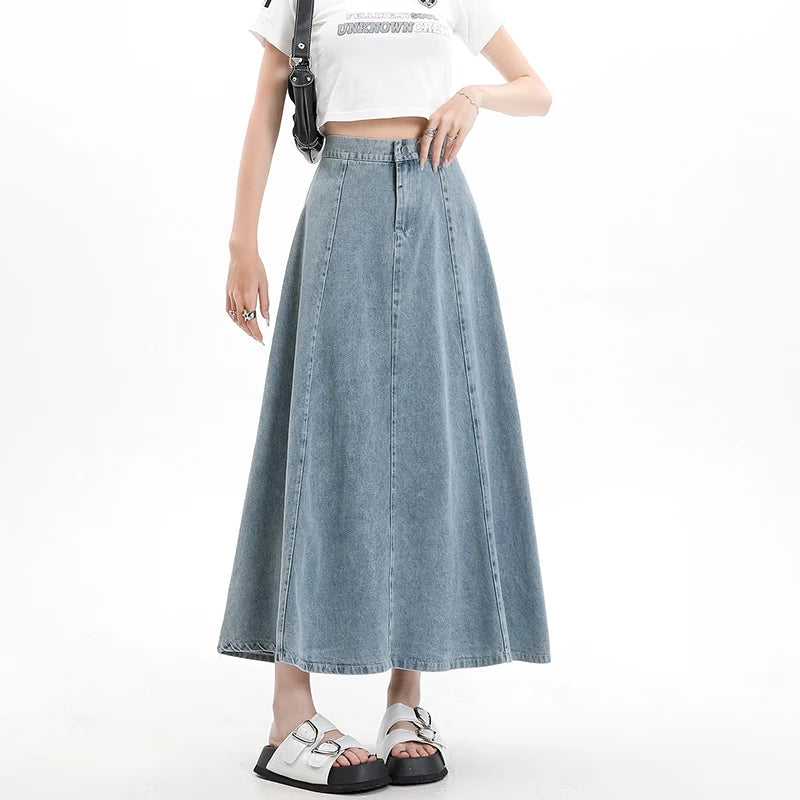 Long Denim Skirt Women 2024 Spring Summer New Arrivals High Elastic Waist A Line Jeans Skirts Korean Fashion Casual Blue Skirts