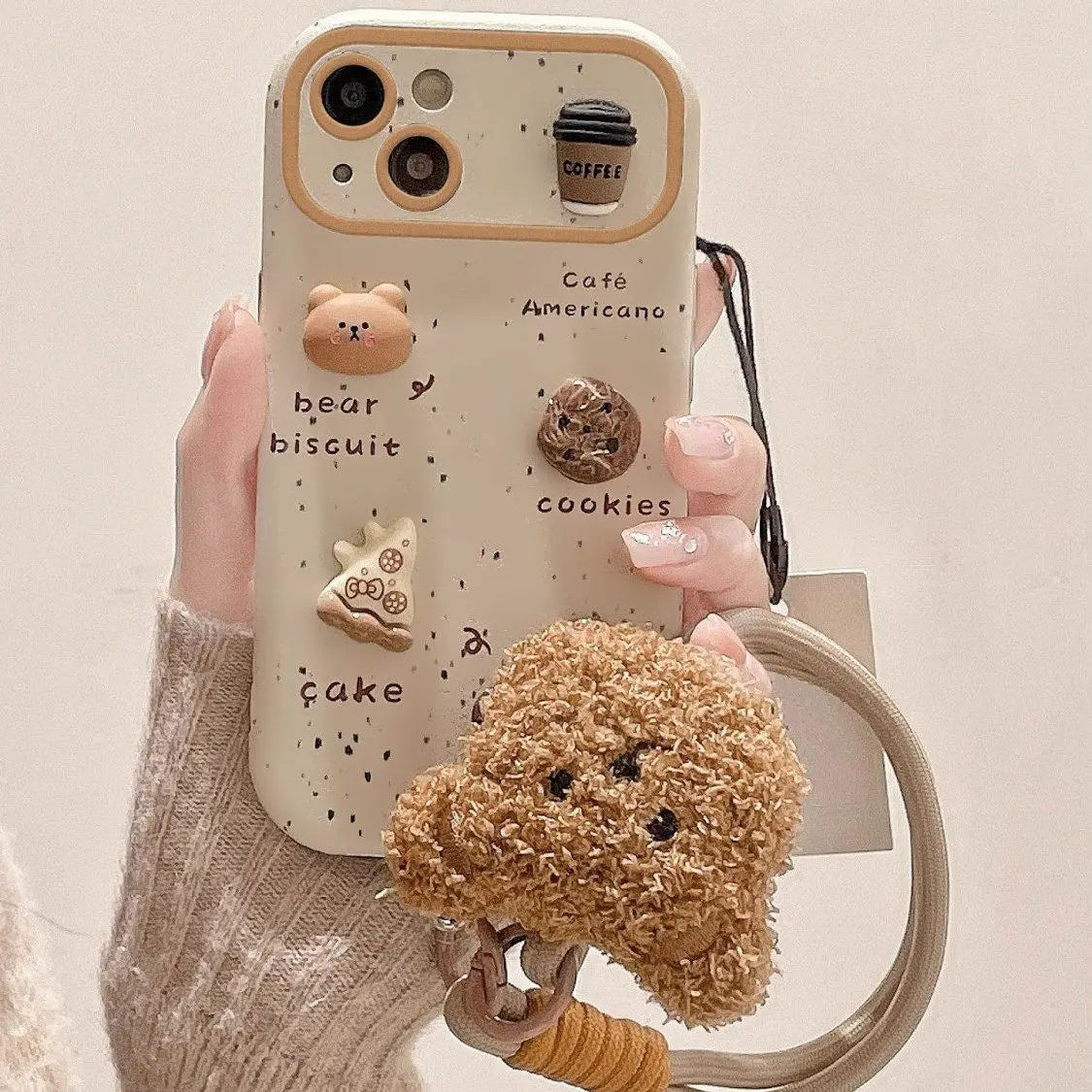 Cute Bear Coffee Phone Case, for IPhone 11 15 14 13 12 Pro Max 15Pro 14Pro Shockproof Silicone Cover ,with Lanyard Full Cases