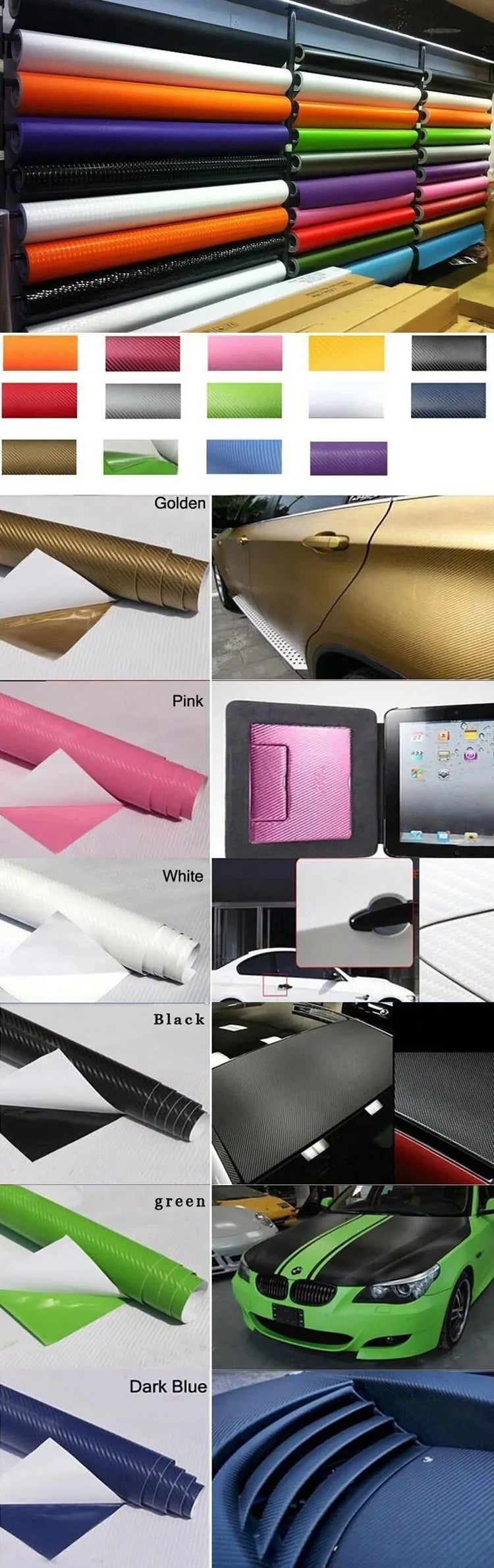Carbon Fiber Vinyl Wrap Film Car Vehicle Waterproof 127cm x30cm 3D Sticker Sheet Roll Silver Gold Black free shipping