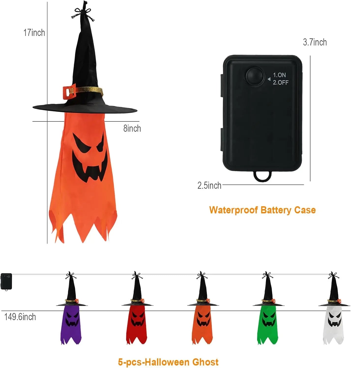 Halloween Decorations Outdoor 5 PCS Hanging Halloween Lighted Glowing Ghost Witch Hat with LED String Lights for Party Garden