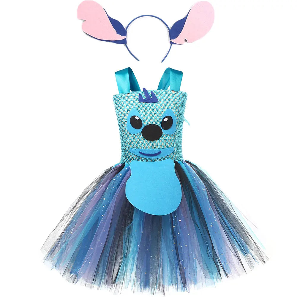 Movie Girls Alien Dog Costume Cartoon Blue Tulle Festival Dress Lilo Tutu Dress Maia Kealaha Live-action Character Dress Up