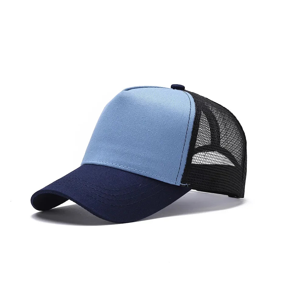Custom Logo Print Basic Solid Color Mesh Breathable Baseball Cap Summer Sunshade Mesh 5 Panels Truck Driver Cap Wholesale