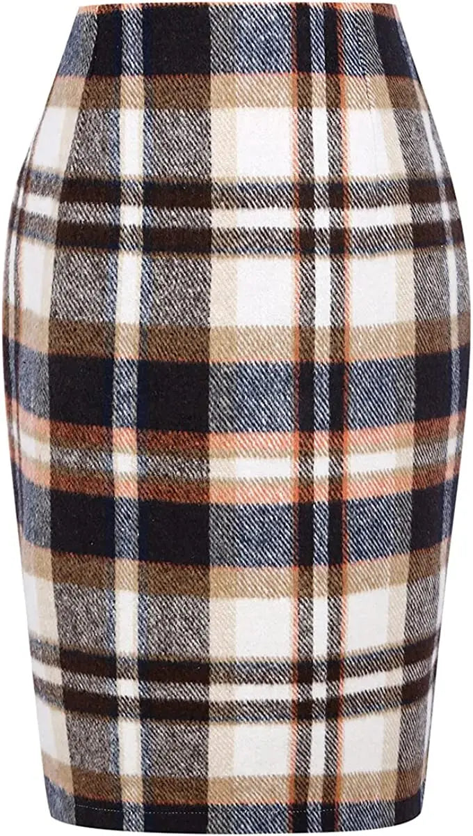 Women Midi Plaid Skirts Fall Winter Knee Length Pencil Wool Skirt with Slit