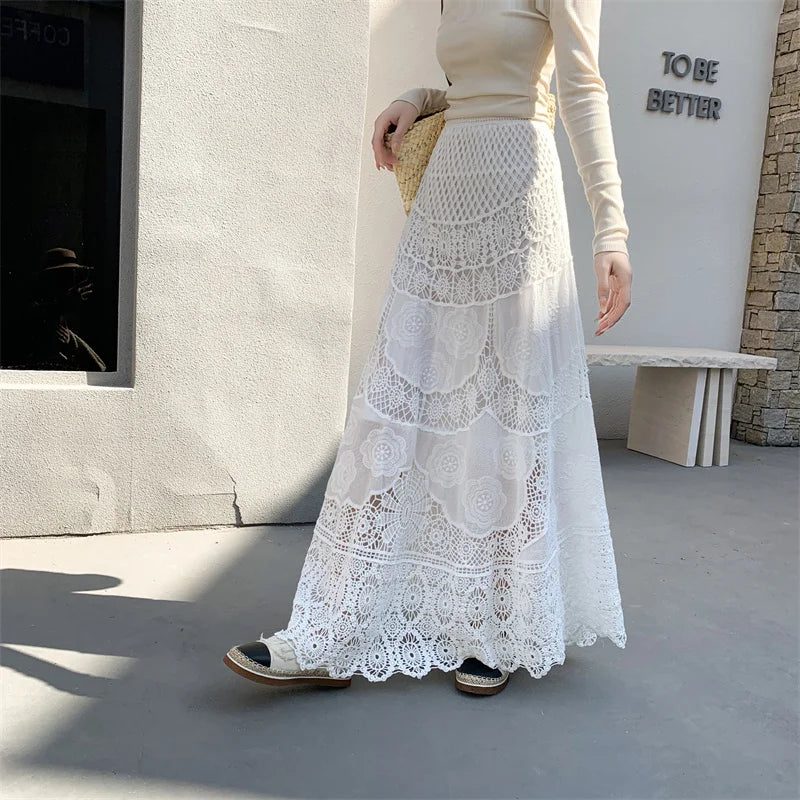 SMTHMA New Korean Retro French Hook Flower Hollow Design Elastic Knitted Skirt Women's Elastic High Waist A-line Long Skirt