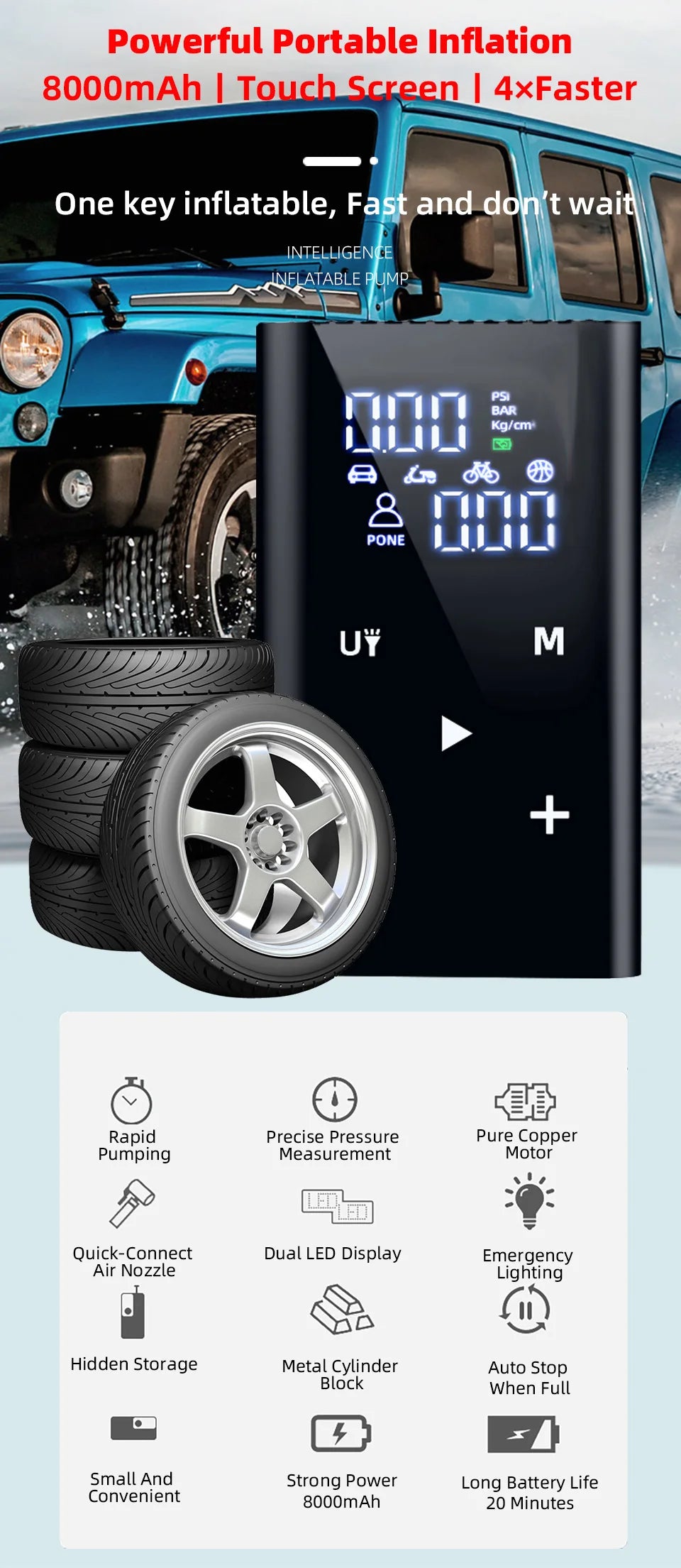 E-ACE Air Pump 150PSI Portable Car Tyre inflator 8000mAh Digital Electric Wireless Air Compressor For Bicycle Ball Motorcycle