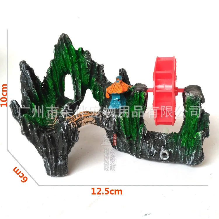 Aquarium Aquarium Fish Tank Ornament Resin Artificial Mountain Stone Windmill Air Pick-up Pump Can Turn The Water Wheel