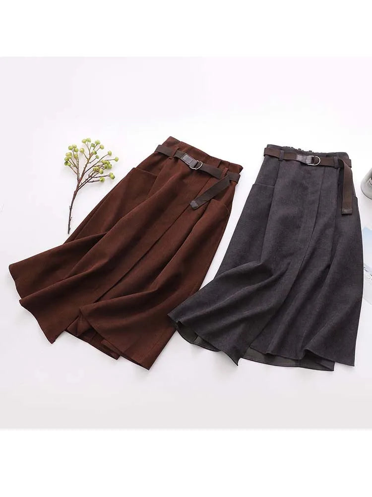 Women Casual Skirts Spring Autumn Solid High Waist Irregular Pockets Midi Skirts Fashion Simple Elegant Saia Faldas