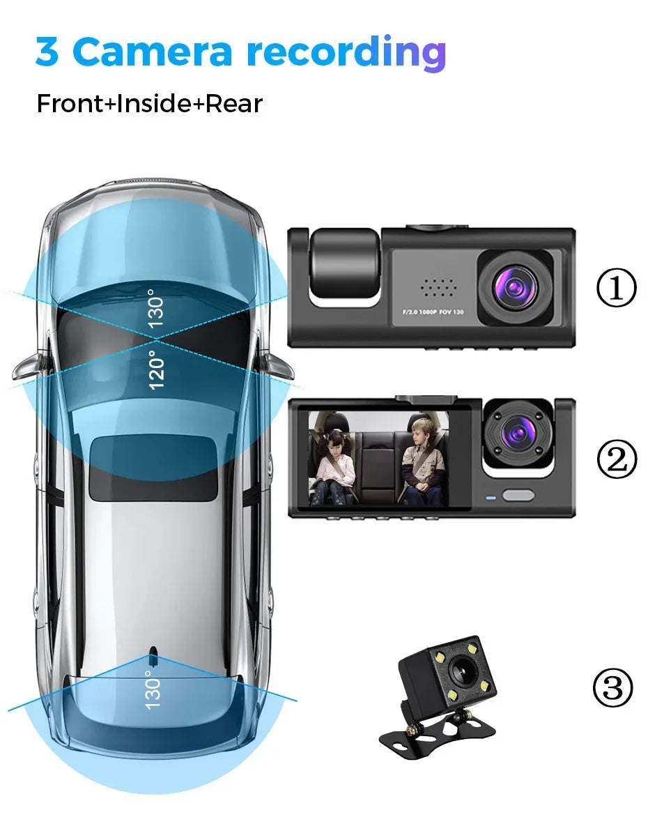 Car DVR HD 1080P tachograph 3 lens 2.0-inch IPS recorder tachograph Rearview mirror Driving recorder night vision