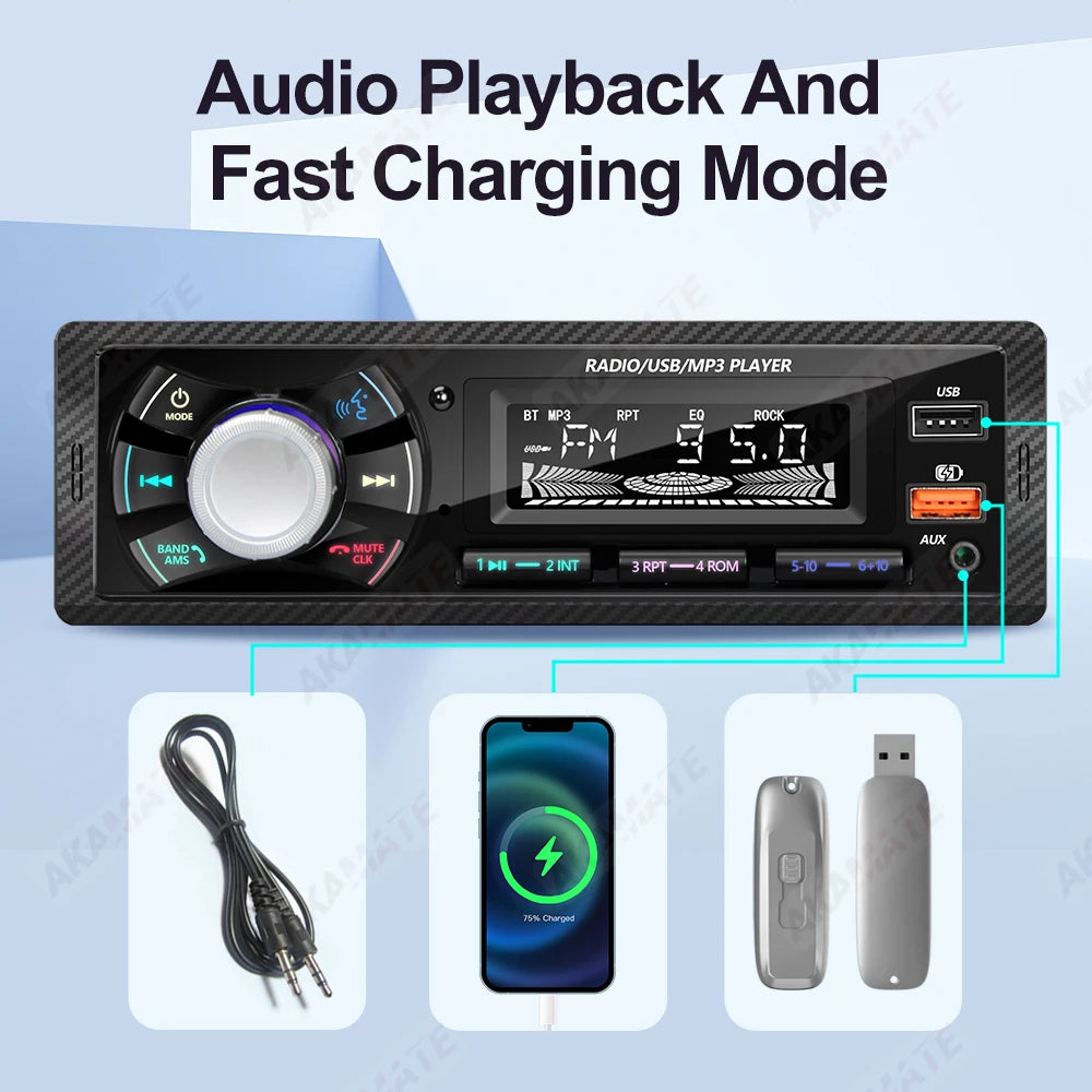 1 Din Car Radio MP3 Multimedia Player FM Radio Bluetooth AUX USB Support Phone Charging Colorful Light Display Stereo Autoradio