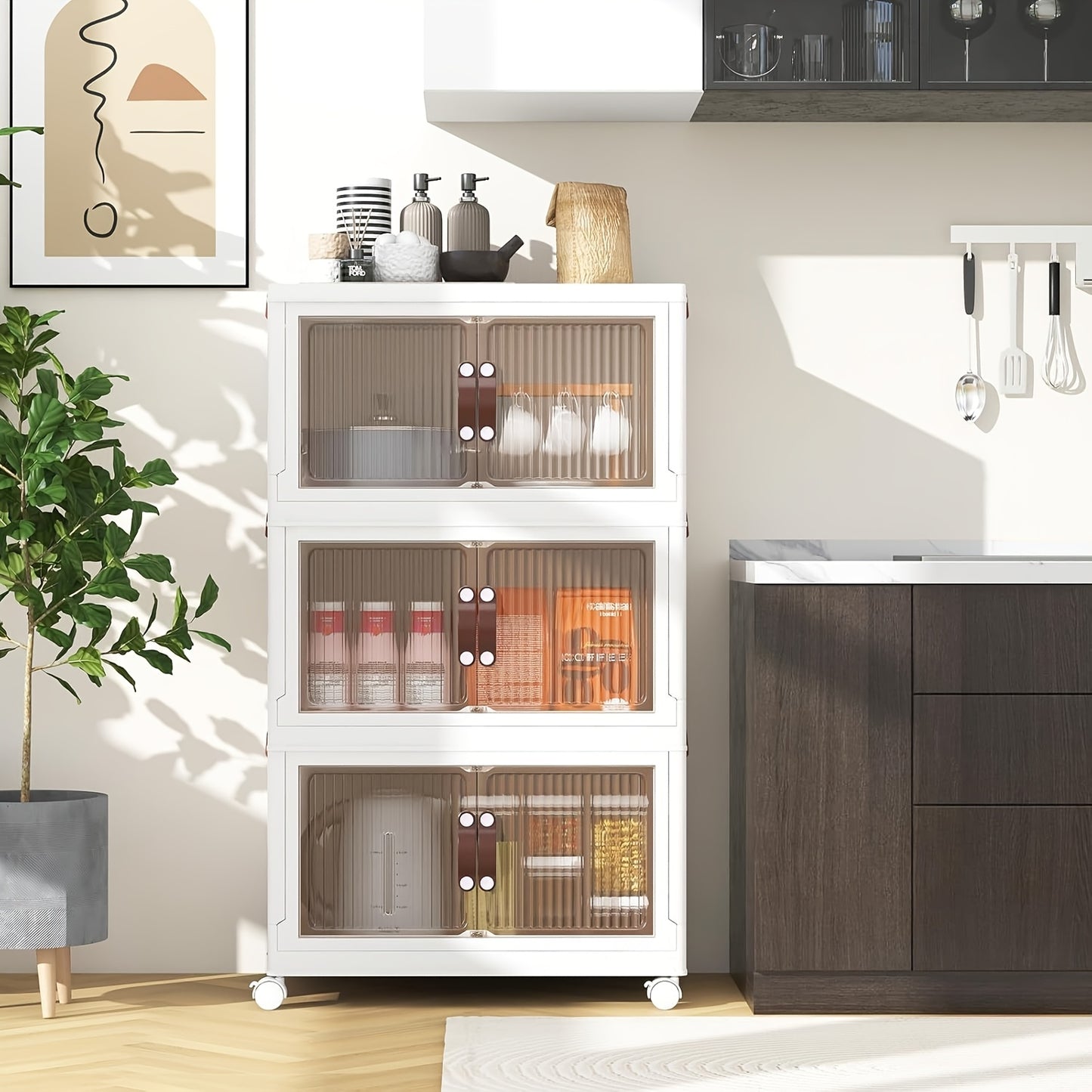 Foldable 19.69inch storage box 1/2/3 layers, large double opening storage organizer, large storage box with lid and wheels for clothes, snacks, and books, home office outdoor foldable container, kitchen storage cabinet