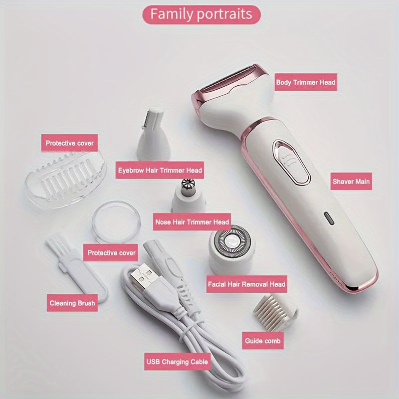 4in1 Women's Electric Hair Remover Multifunctional Women's Electric Shaver Trimmer Set Bikini Line Trimmer for Women USB Rechargeable for Eyebrows, Nose, Face Legs Hair Removal Portable Gentle Perfect Gift for Women