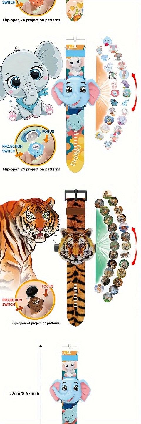 Children Dinosaur Projection Watch Electronic Watch For Kids Flip Watch Adjustable Digital Screen 3D Cartoon Animal 24 Projection Patterns Birthday Gift Educational Toy Christmas, Halloween Gift