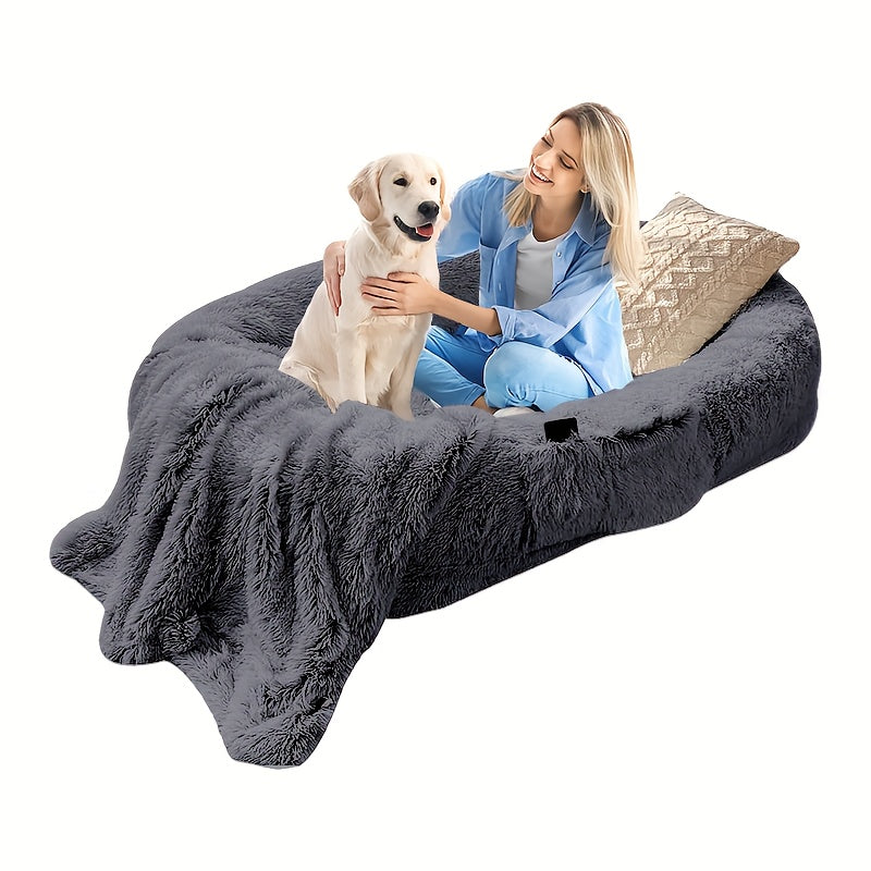 Gray Luxurious Orthopedic Memory Foam Dog Bed - Human-Sized, Washable Faux Fur, Includes Full Pillow, Blanket & Cushion - Ideal for Napping & Snuggling