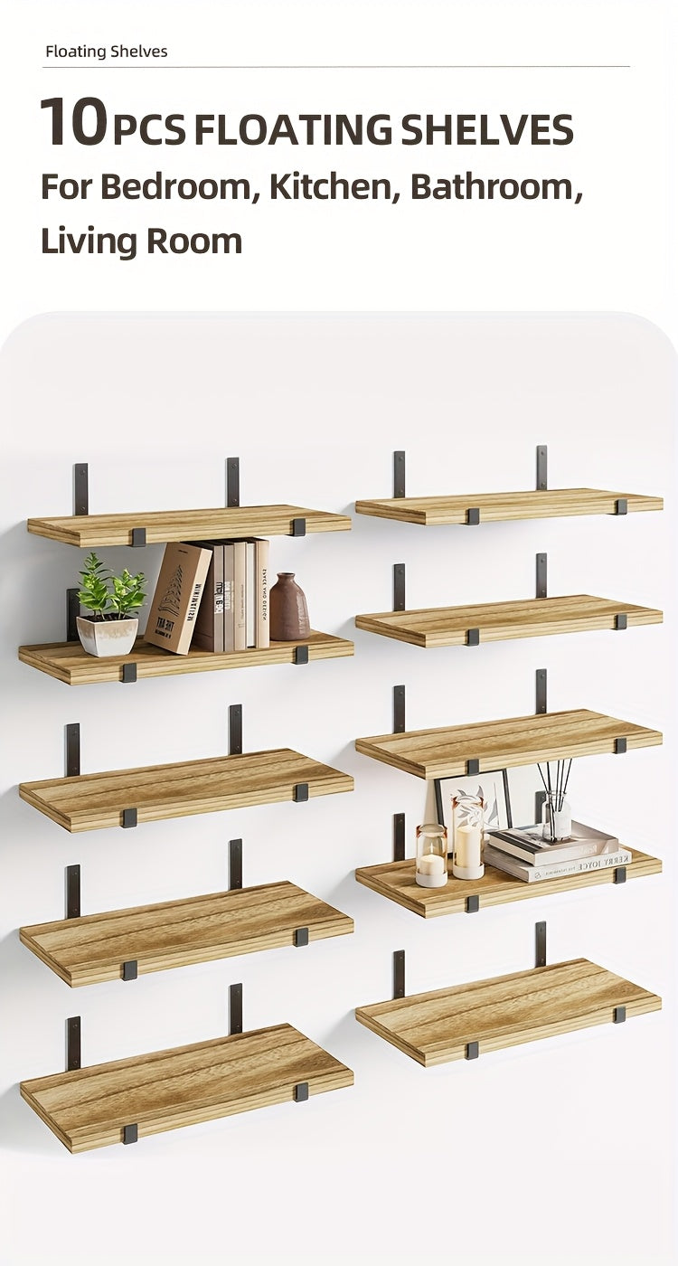 10-Pack Heavy-Duty Floating Shelves - Natural Wood Modern Minimalist Wall Shelves, Large 15.8x5.9 Inch Floating Shelves for Living Room, Kitchen, Bathroom, Bedroom - Easy Installation with Pre-Drilled Holes - Space-Saving Sto