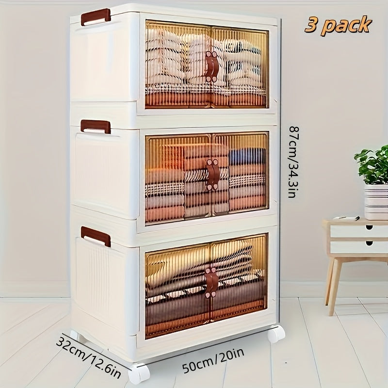 Foldable 19.69inch storage box 1/2/3 layers, large double opening storage organizer, large storage box with lid and wheels for clothes, snacks, and books, home office outdoor foldable container, kitchen storage cabinet