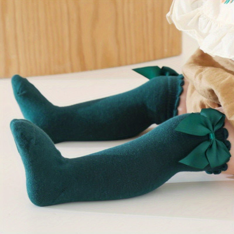 1pairs Baby Girls Cotton Big Bow Decor Cute Princess Over The Knee Socks, Girls Toddlers Kids Cute Lace Solid Color Long Stockings Dress Socks