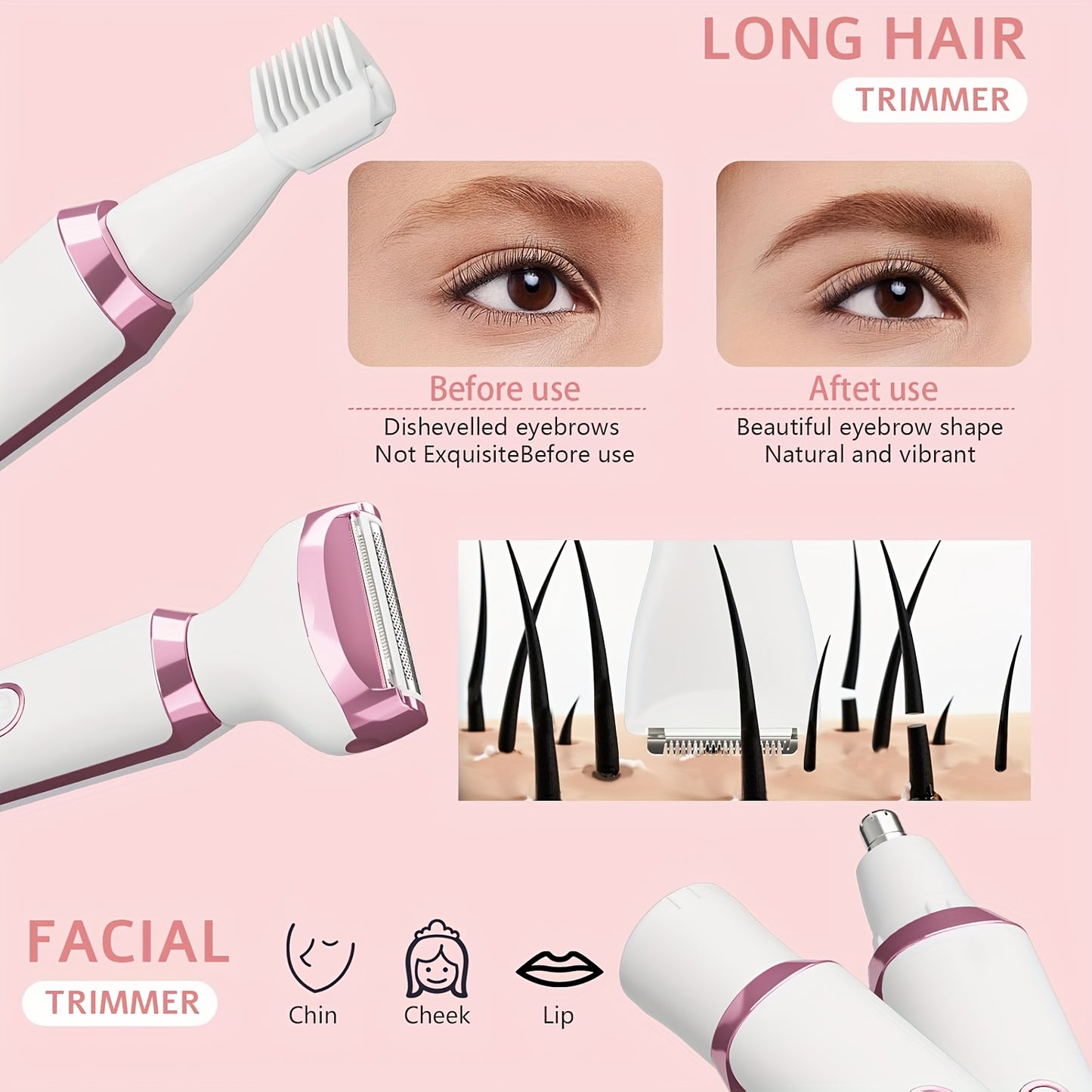 4in1 Women's Electric Hair Remover Multifunctional Women's Electric Shaver Trimmer Set Bikini Line Trimmer for Women USB Rechargeable for Eyebrows, Nose, Face Legs Hair Removal Portable Gentle Perfect Gift for Women