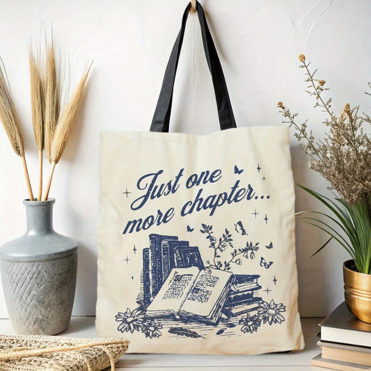 1pc Just One More Chapter Book Lover Tote Bag – Fun & Stylish Polyester Handbag for Women, Perfect Gift for Reading Enthusiasts, with Bookshelf & Butterfly Design, Casual Tote Bag | Literary Themed Tote | Contrasting Handle