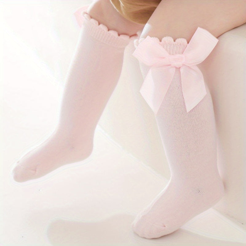 1pairs Baby Girls Cotton Big Bow Decor Cute Princess Over The Knee Socks, Girls Toddlers Kids Cute Lace Solid Color Long Stockings Dress Socks