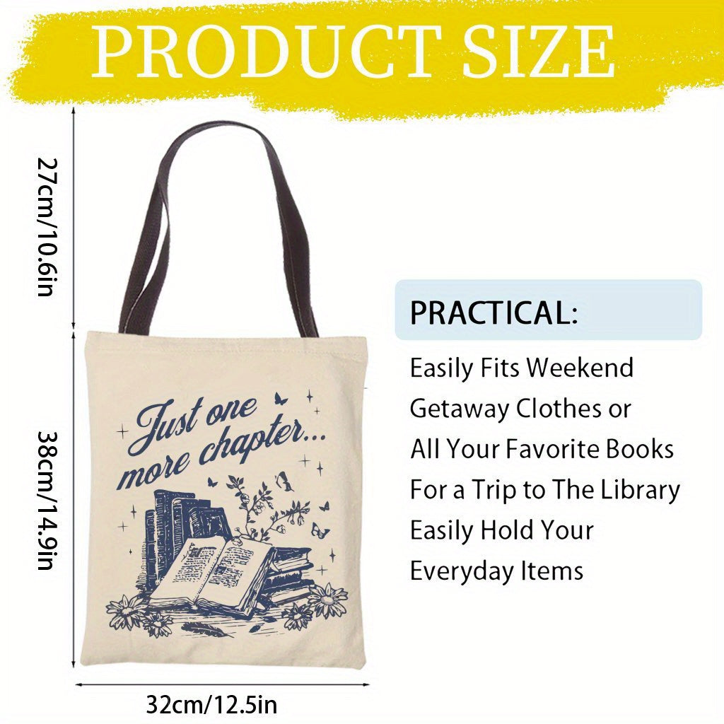 1pc Just One More Chapter Book Lover Tote Bag – Fun & Stylish Polyester Handbag for Women, Perfect Gift for Reading Enthusiasts, with Bookshelf & Butterfly Design, Casual Tote Bag | Literary Themed Tote | Contrasting Handle