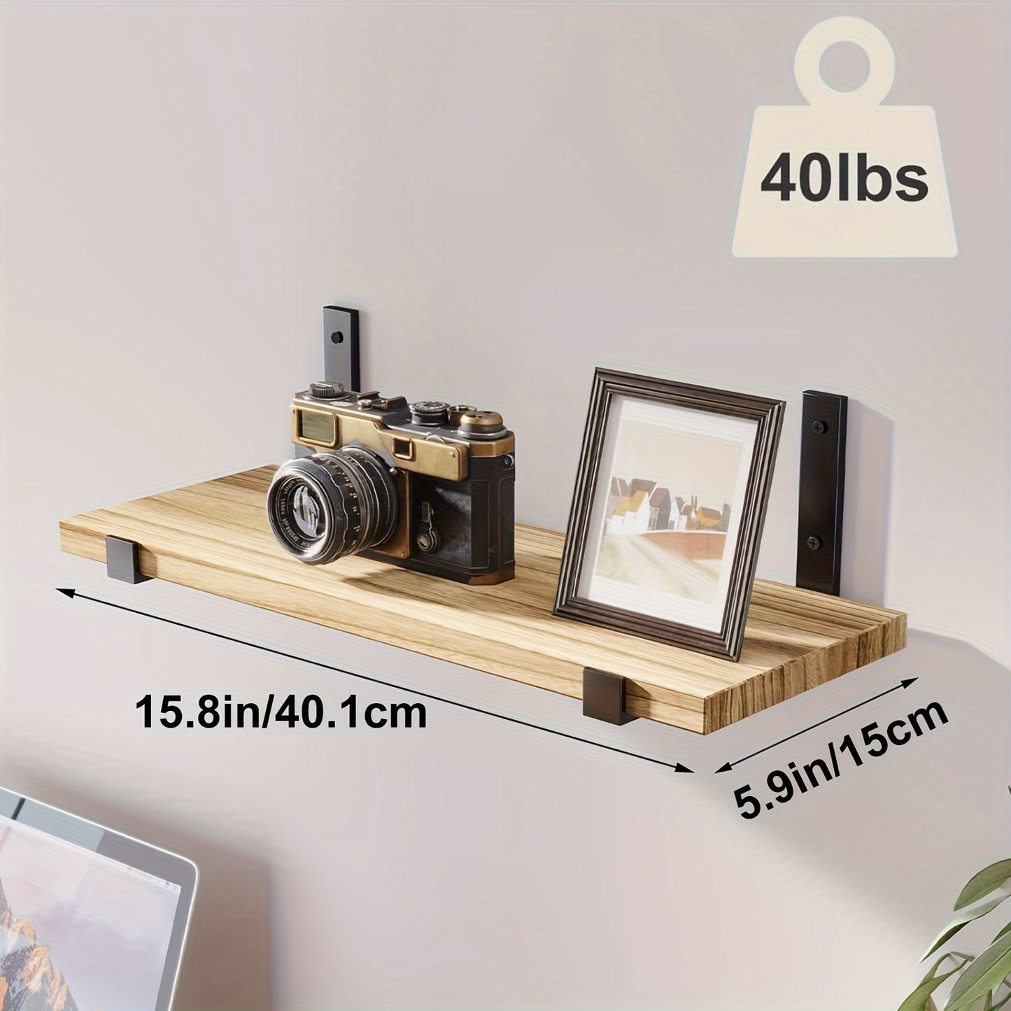 10-Pack Heavy-Duty Floating Shelves - Natural Wood Modern Minimalist Wall Shelves, Large 15.8x5.9 Inch Floating Shelves for Living Room, Kitchen, Bathroom, Bedroom - Easy Installation with Pre-Drilled Holes - Space-Saving Sto