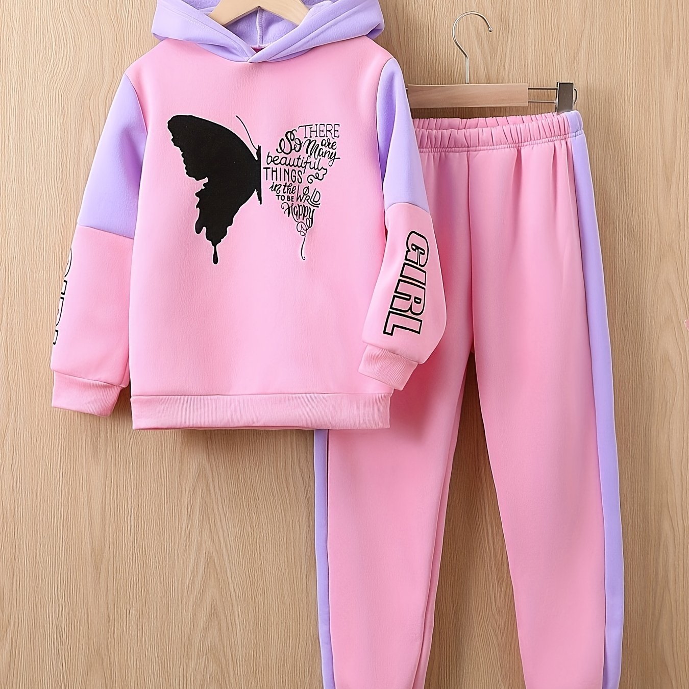[For 4-12 Years Old Butterfly Sweatshirt] Girls 2-piece Butterfly Print Fleece Hooded Sweatshirt And Trousers Outdoor Set Kids Pre Teen Girls Warm Active outdoor clothes For 4-12 Years Old, Outdoor Cloth