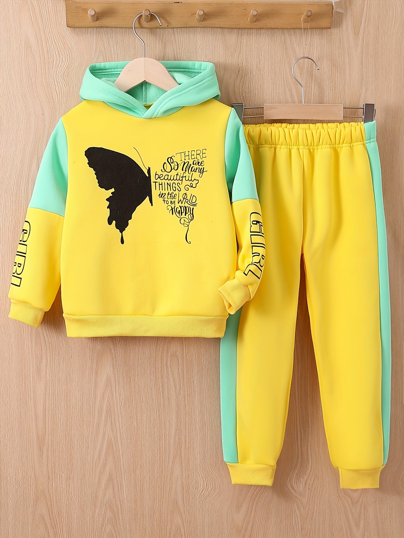 [For 4-12 Years Old Butterfly Sweatshirt] Girls 2-piece Butterfly Print Fleece Hooded Sweatshirt And Trousers Outdoor Set Kids Pre Teen Girls Warm Active outdoor clothes For 4-12 Years Old, Outdoor Cloth