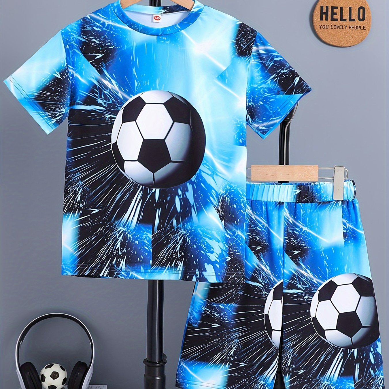 Boys Summer 2024 Collection, Casual Geometric-Patterned Soccer Ball Print, Knit Polyester with Slight Stretch, Loose Fit, Sporty Outfit Set for Kids, for Outdoor