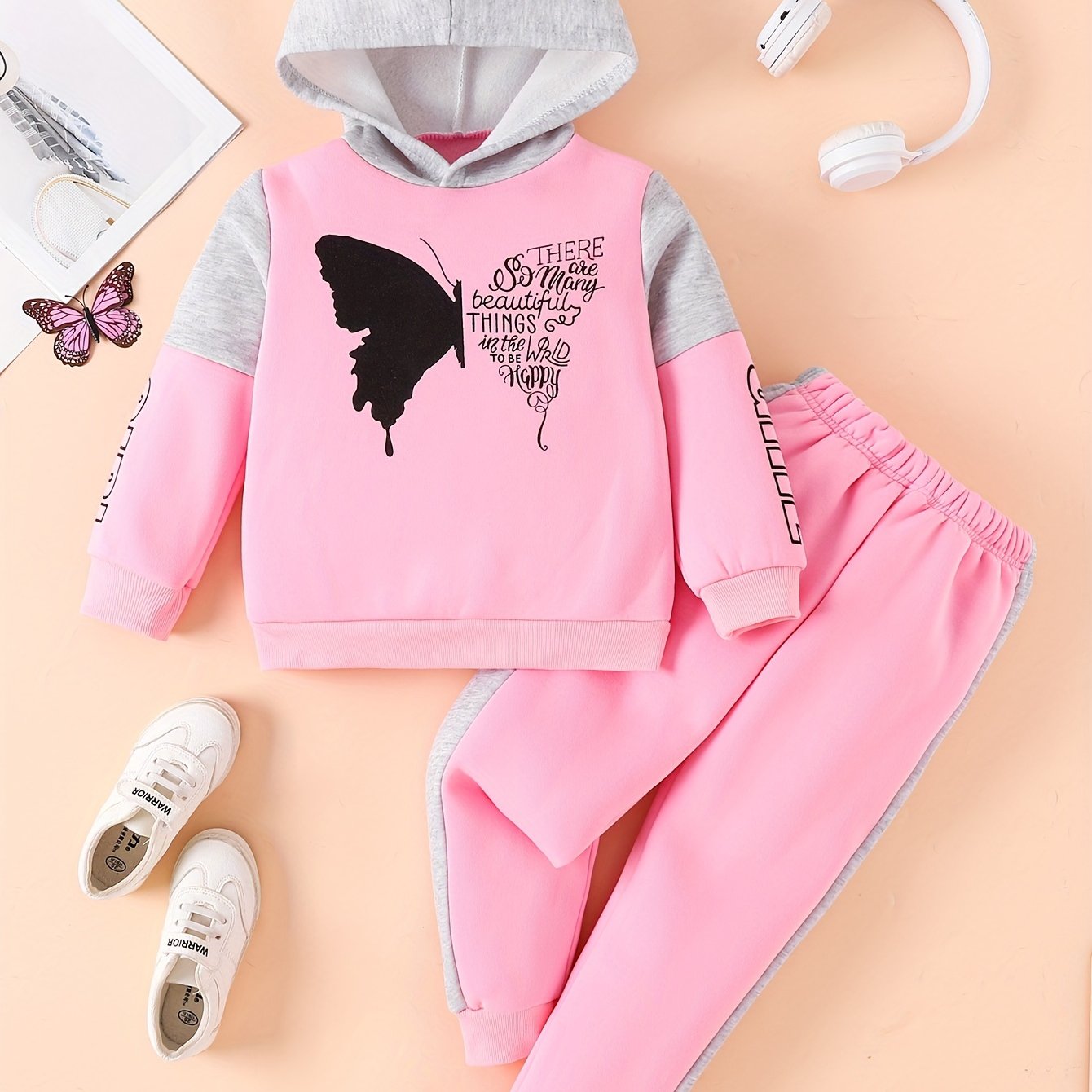 [For 4-12 Years Old Butterfly Sweatshirt] Girls 2-piece Butterfly Print Fleece Hooded Sweatshirt And Trousers Outdoor Set Kids Pre Teen Girls Warm Active outdoor clothes For 4-12 Years Old, Outdoor Cloth