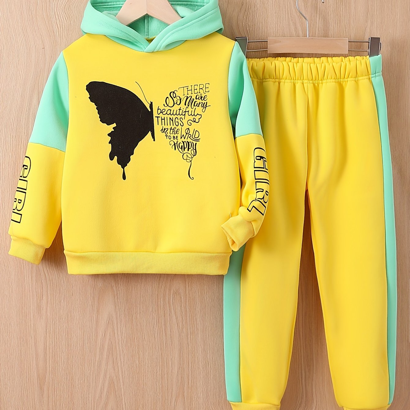 [For 4-12 Years Old Butterfly Sweatshirt] Girls 2-piece Butterfly Print Fleece Hooded Sweatshirt And Trousers Outdoor Set Kids Pre Teen Girls Warm Active outdoor clothes For 4-12 Years Old, Outdoor Cloth